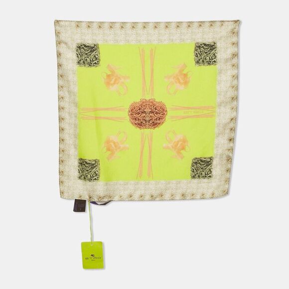 Etro Neon Green Spaghetti Printed Silk Pocket Square